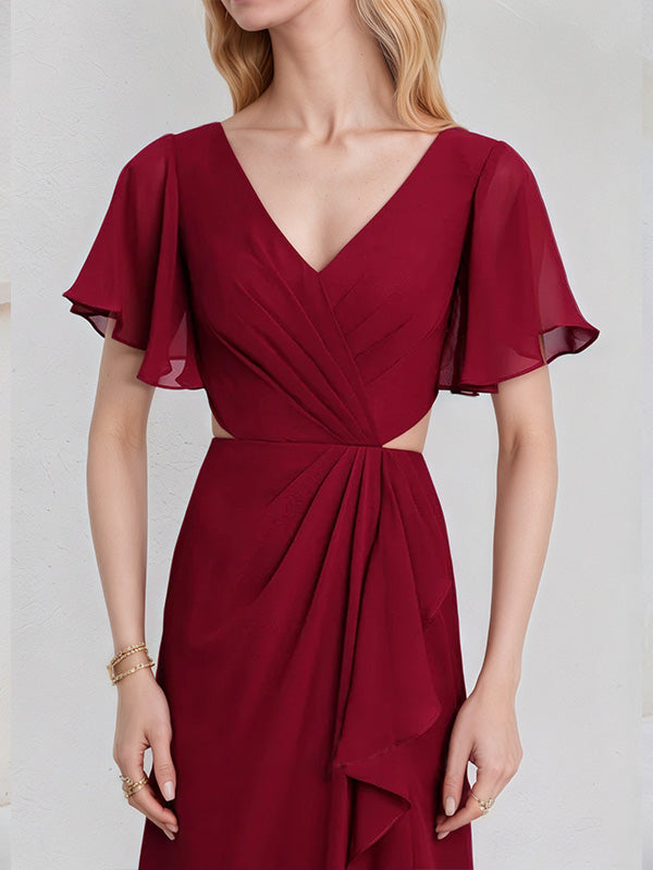 Burgundy Chiffon A Line V Neck Short Sleeves Floor Length Bridesmaid Dress With Ruffle