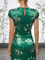 Green Floral Cap Sleeve Slit A Line Maxi Slit Dress