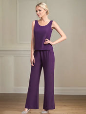 Chiffon Scoop Neck Long Sleeves Floor Length Mother Of The Bride Pantsuits