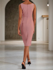 Pink V Neck Ruffled Sleeveless Bow Sheath Midi Dress