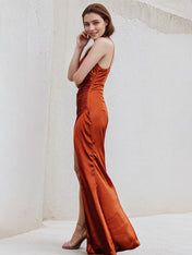 Rust Sheath/Column Satin Spaghetti Straps Sleeveless Floor Length Dress
