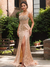 Sparkly Gold Mermaid Long Prom Dress With Beading Slit