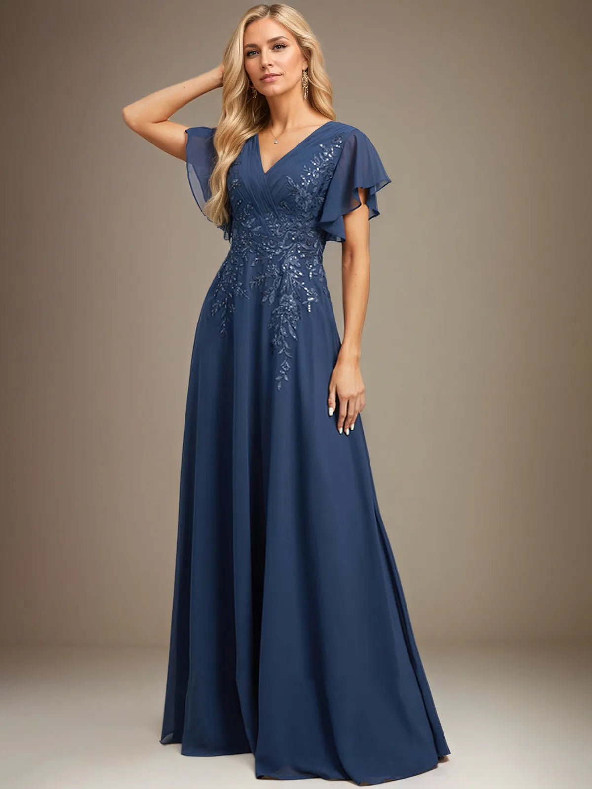 A Line V Neck Floor Length Lace Chiffon Evening Dress With Pleated Sequins