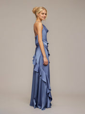 Slate Blue Sheath/Column Satin Asymmetrical Sleeveless Floor Length Dresses With Ruffles