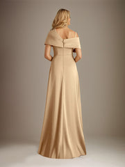 Champagne A Line Satin Asymmetrical neckline Cold Shoulder Sleeve Floor Length Dress