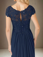 A Line Chiffon V Neck Short Sleeves Floor Length Pleated Mother of the Bride Dresses With Sequins