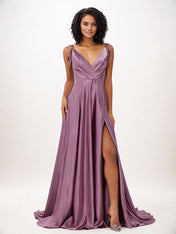 Wisteria A-Line Satin Ruffles V-Neck Sleeveless Floor Length Bridesmaid Dresses
