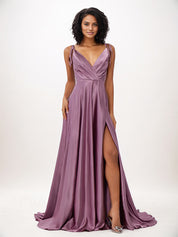 Wisteria A-Line Satin Ruffles V-Neck Sleeveless Floor Length Bridesmaid Dresses