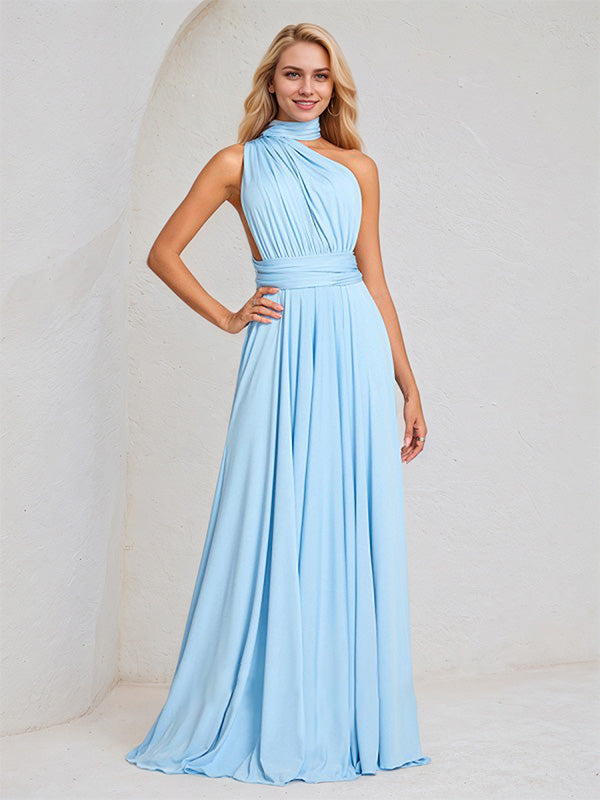 Sky Blue Chiffon A Line Halter Neck Floor-Length Sleeveless Bridesmaid Dress