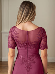 A Line Chiffon Scoop Neck Short Sleeves Floor Length Mother of the Bride Dresses With Appliques
