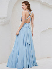 Sky Blue Chiffon A Line V Neck Sleeveless Floor Length Bridesmaid Dress