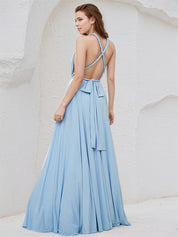 Sky Blue Chiffon A Line V Neck Sleeveless Floor Length Bridesmaid Dress
