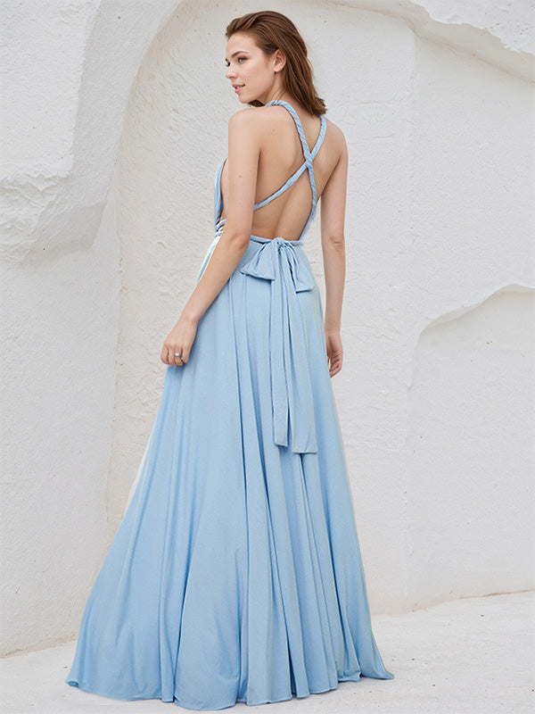 Sky Blue Chiffon A Line V Neck Sleeveless Floor Length Bridesmaid Dress
