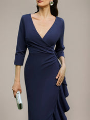 Navy Sheath/Column Stretch Crepe V Neck 3/4 Sleeves Asymmetrical Dresses