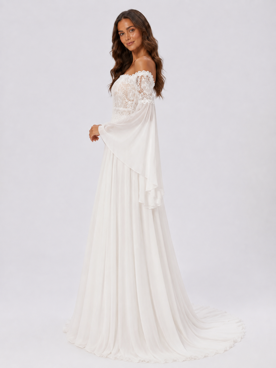 Elegant Lace Applique Chiffon A-Line Wedding Dress with Sweep Train