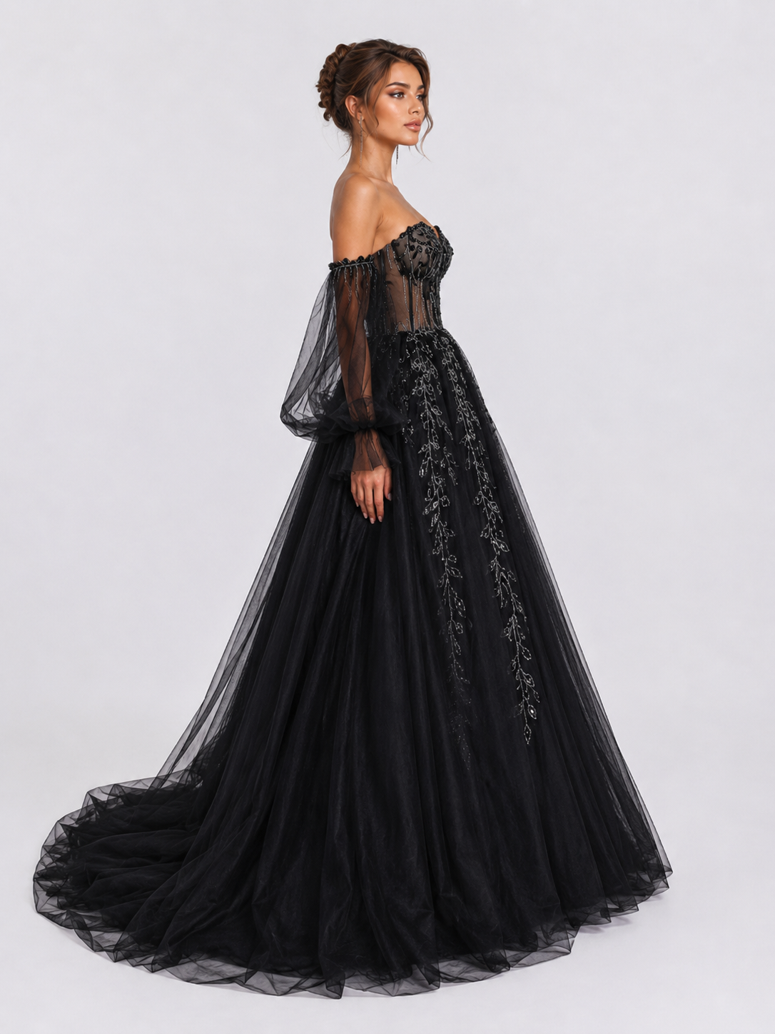 Elegant Off-the-Shoulder Beaded Lace Applique A-Line Wedding Dress with Chapel Train