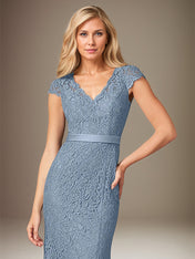 Dusty Blue Chiffon V-Neck Short Sleeves Floor Length Dress With Appliques