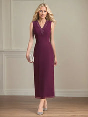 Sheath/Column Chiffon V Neck 3/4 Sleeves Tea Length Mother Of The Bride Dress