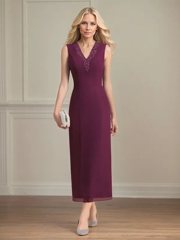 Sheath/Column Chiffon V Neck 3/4 Sleeves Tea Length Mother Of The Bride Dress