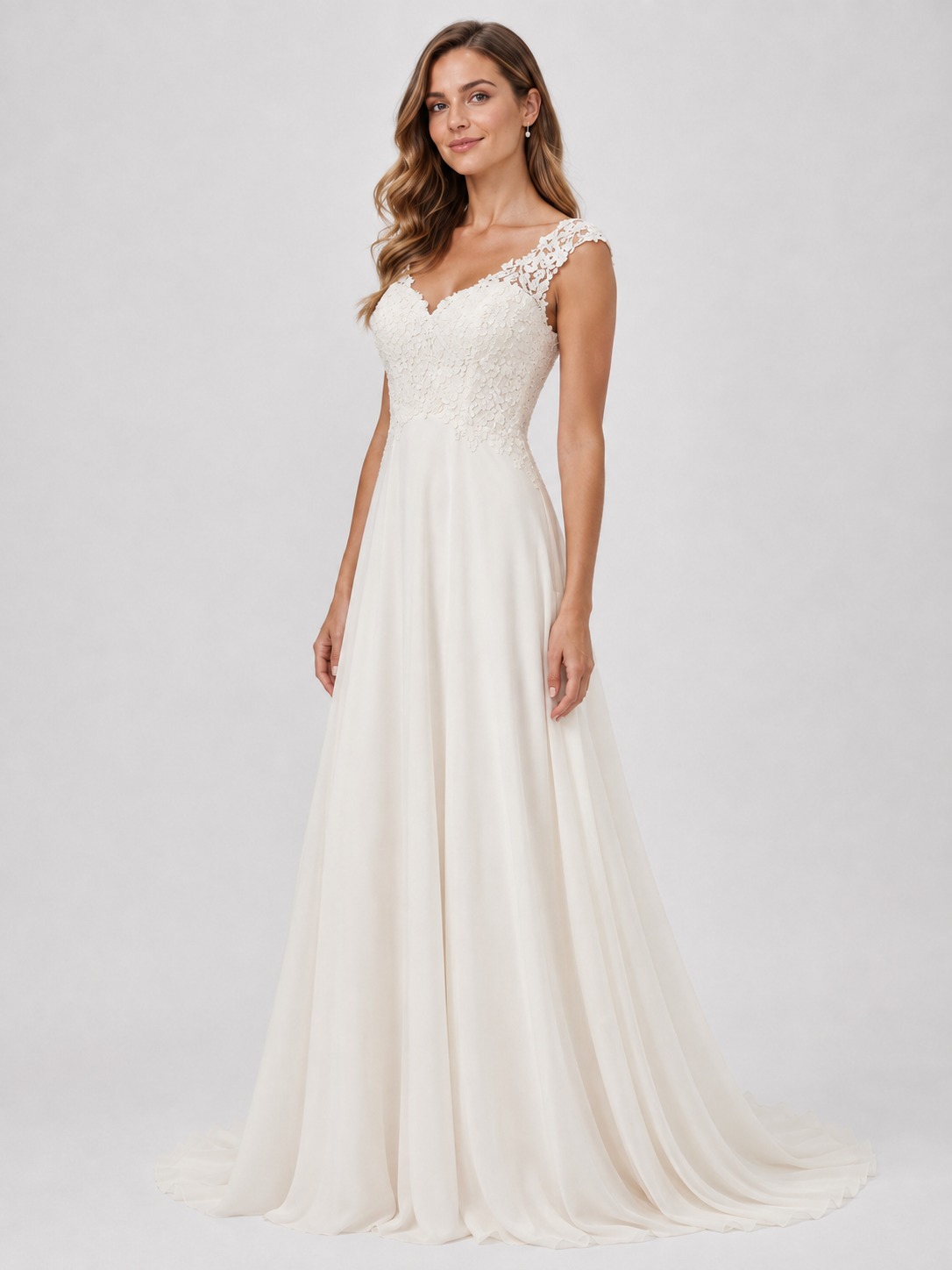 Elegant Lace Bodice Chiffon A-Line Wedding Dress with Cowl Back and Sweep Train