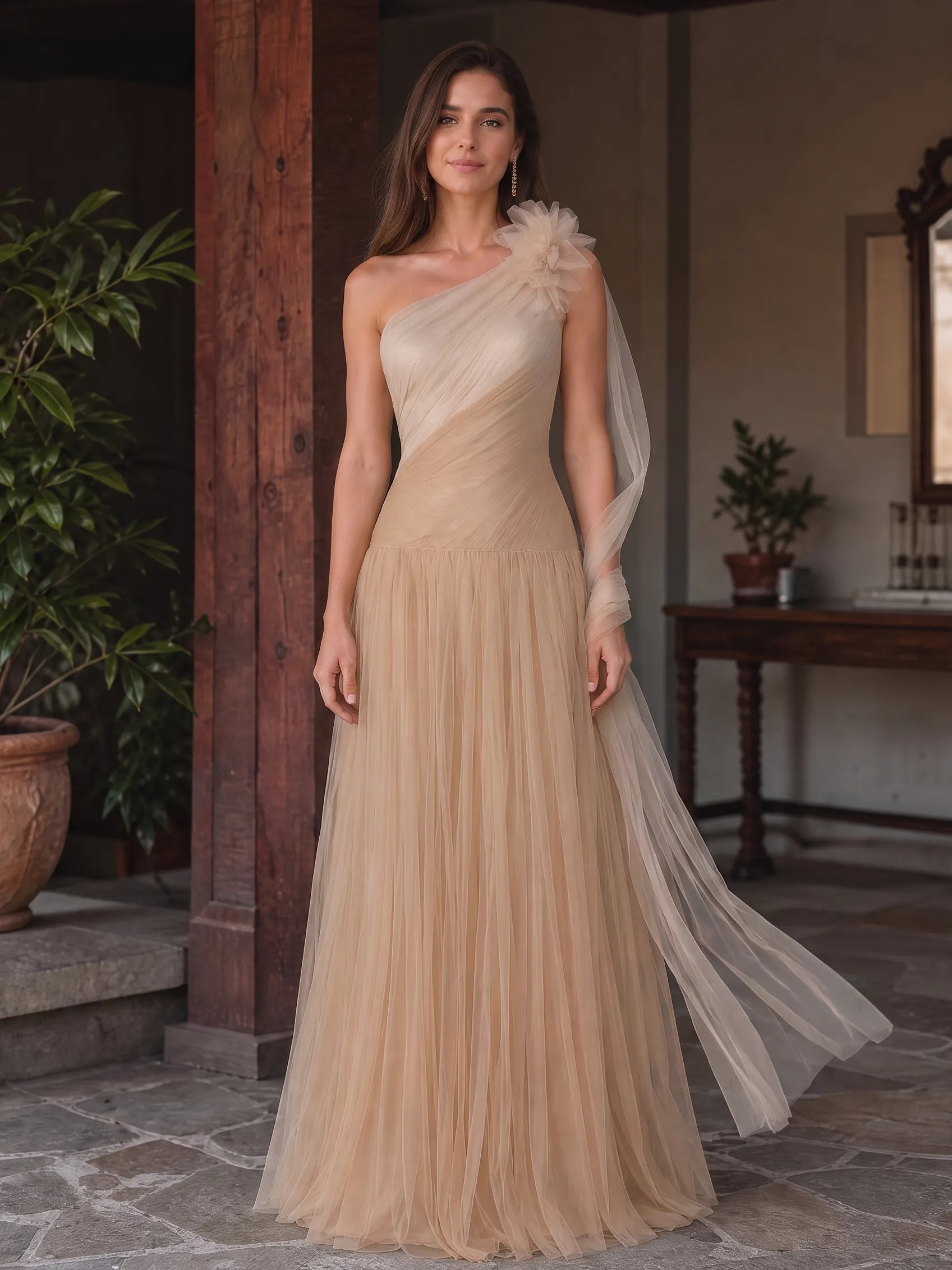 Ethereal Champagne One-Shoulder Tulle Evening Dress with Floral Applique and Draped Sash