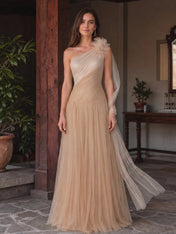 Ethereal Champagne One-Shoulder Tulle Evening Dress with Floral Applique and Draped Sash