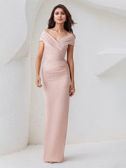 Pink V-Neck Short Sleeves Floor Length Sheath Stretch Crepe Mother Of The Bride Dress