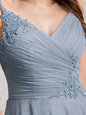 Dusty Blue A-Line V-Neck Floor-Length Lace Tulle Bridesmaid Dress