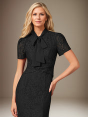 Black Chiffon Bow Tie Neckline Short Sleeves Floor Length Dress With Appliques