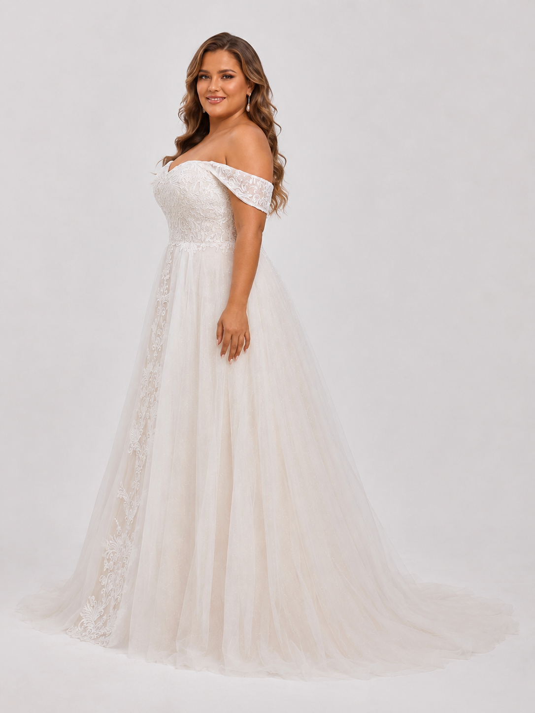 Elegant Off-the-Shoulder Lace Applique A-Line Wedding Dress with Corset Back and Chapel Train