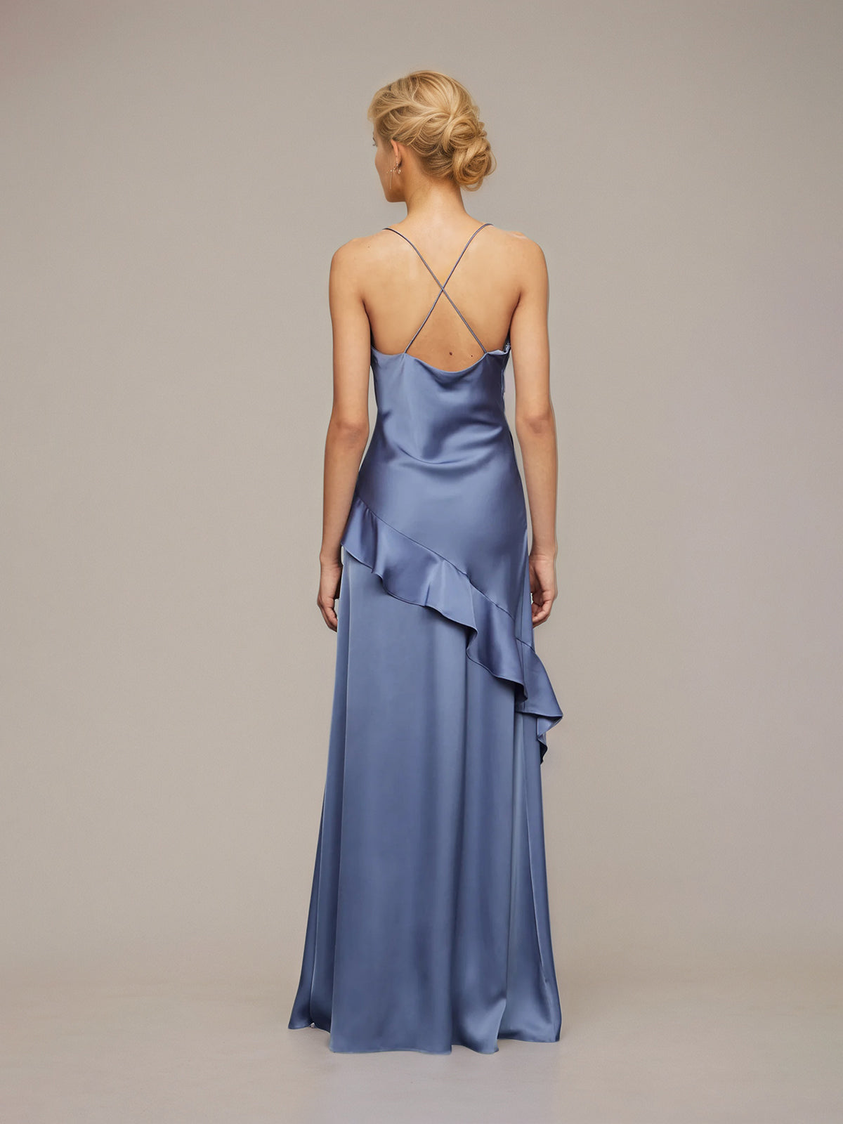 Slate Blue Sheath/Column Satin Asymmetrical Sleeveless Floor Length Dresses With Ruffles