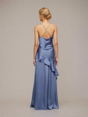 Slate Blue Sheath/Column Satin Asymmetrical Sleeveless Floor Length Dresses With Ruffles