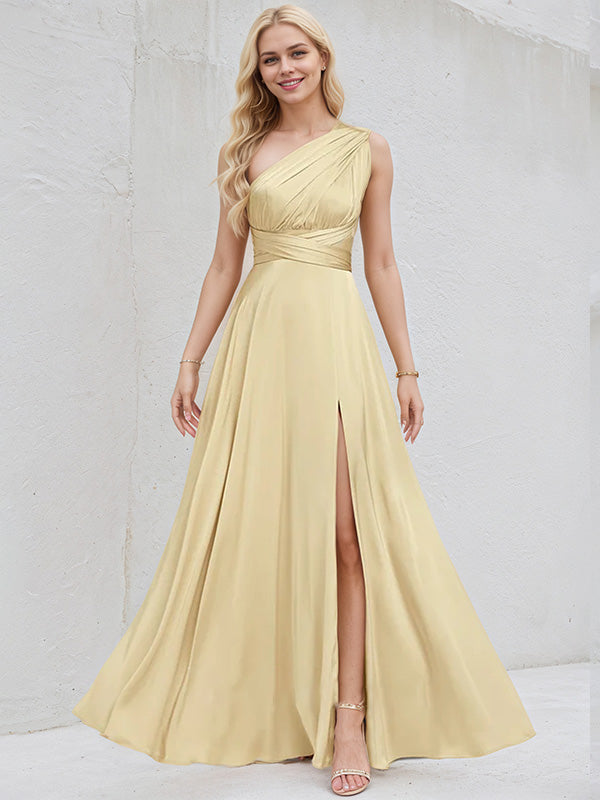 Champagne Satin A Line V Neck Short Sleeves Floor Length Bridesmaid Dress