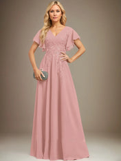A Line V Neck Floor Length Lace Chiffon Evening Dress With Pleated Sequins