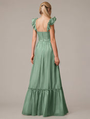Green A Line V Neck Sleeveless Floor Length Dresses With Ruffles