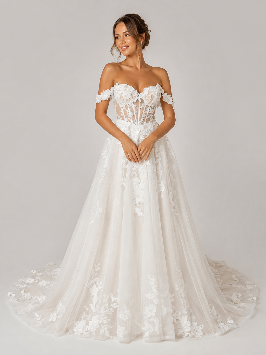 Elegant Off-the-Shoulder Lace Appliquéd Tulle A-Line Wedding Dress with Chapel Train