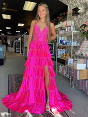 Glitter Fuchsia A-Line Spaghetti Ruffled Long Prom Dress with Slit