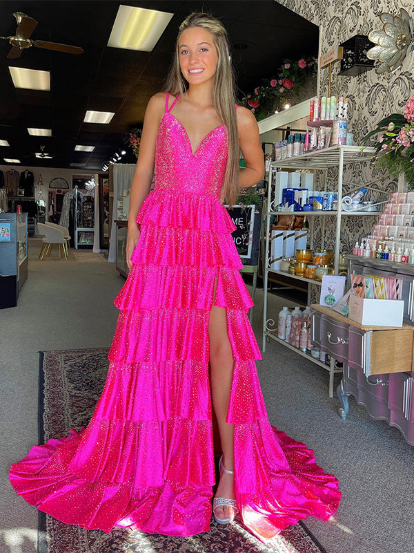Glitter Fuchsia A-Line Spaghetti Ruffled Long Prom Dress with Slit