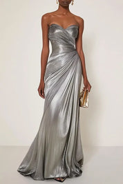 Evening Formal Dress V Neck Silver Silk Ruffles Strapless Maxi Dress