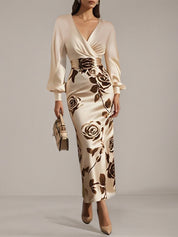Apricot Floral V Neck Long Puff Sleeve Satin Sheath Maxi Satin Dress