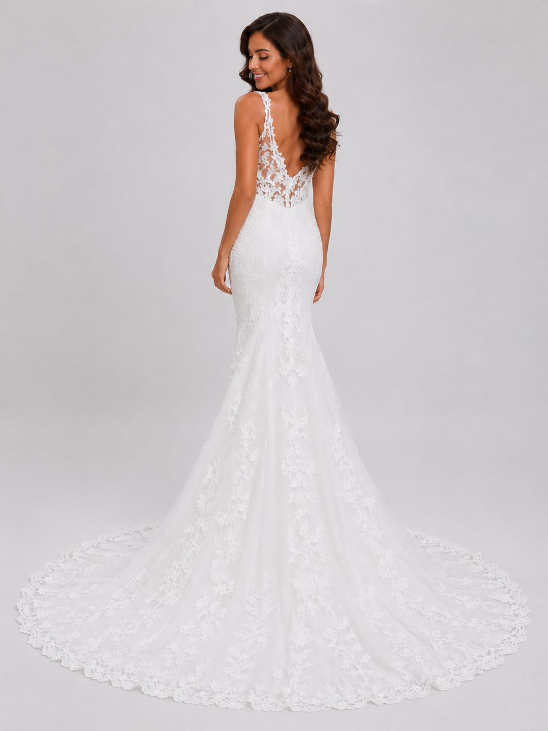 Elegant Deep V-Neck Plunging Lace Applique Mermaid Wedding Dress with Chapel Train