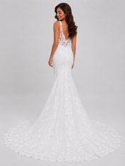 Elegant Deep V-Neck Plunging Lace Applique Mermaid Wedding Dress with Chapel Train