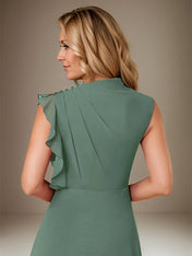 Eucalyptus A Line Chiffon High Neck Sleeveless Floor Length Dress With Cascading Ruffles