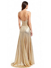 Formal Evening Gold Dress Pleated Sleeveless Metallic V-Neck Slit Floor-Length Dress