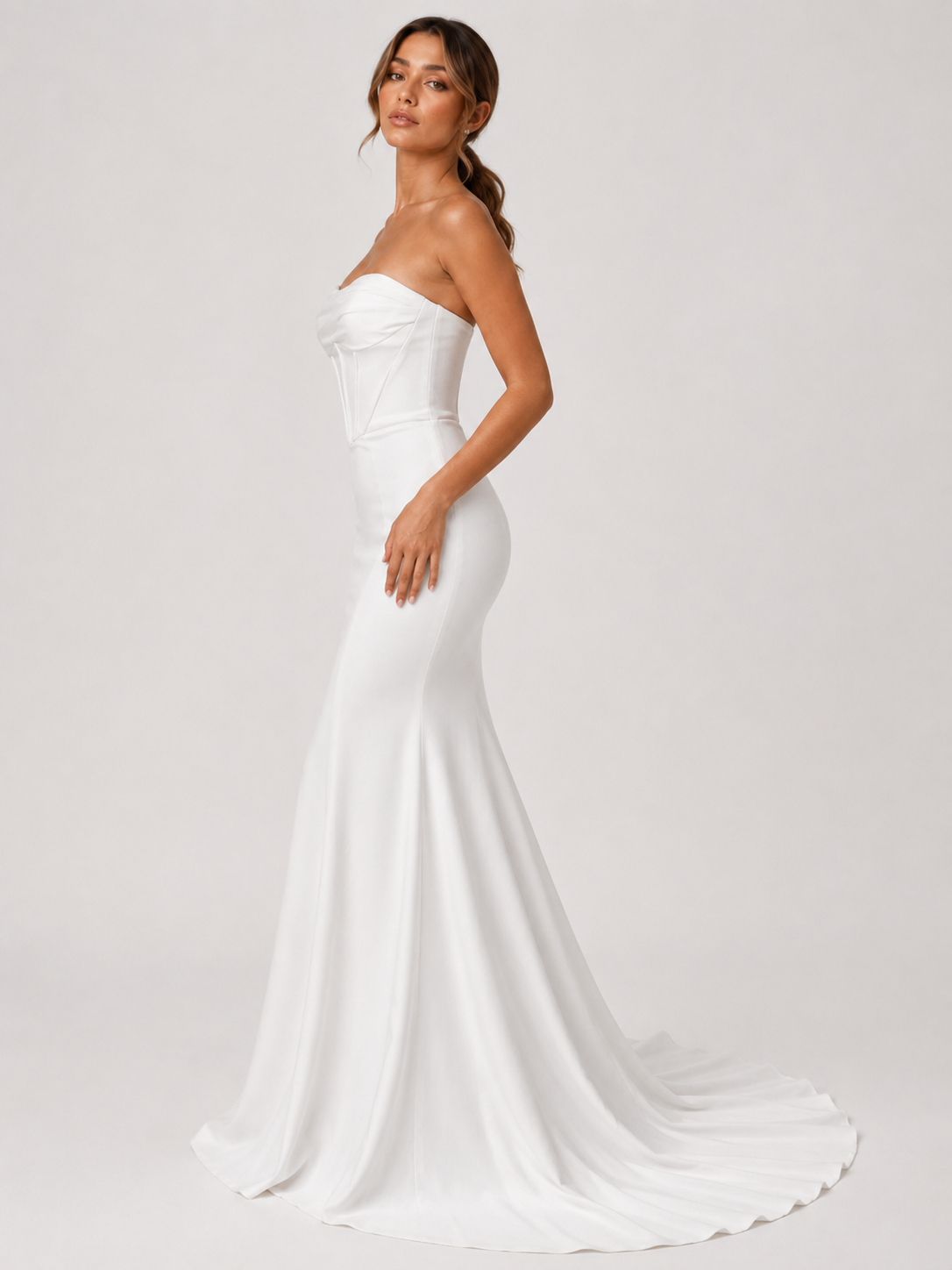 Elegant Strapless Ruched Satin Mermaid Wedding Dress with Exposed Boning and Chapel Train