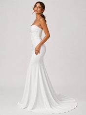 Elegant Strapless Ruched Satin Mermaid Wedding Dress with Exposed Boning and Chapel Train