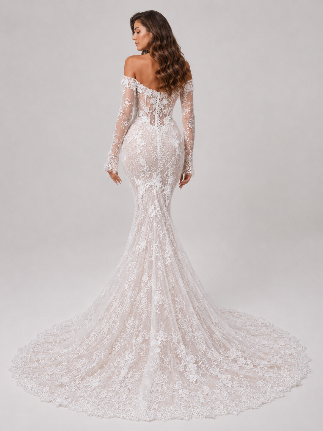 Elegant Off-the-Shoulder Long-Sleeve Lace Applique Mermaid Wedding Dress with Chapel Train