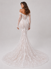 Elegant Off-the-Shoulder Long-Sleeve Lace Applique Mermaid Wedding Dress with Chapel Train