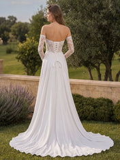 Sweetheart Lace Corset Slit Gown with Detachable Sleeves Wedding Dress