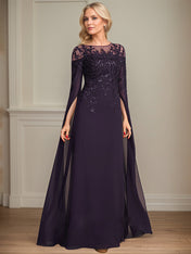Sheath/Column Scoop 1/2 Sleeve Floor-Length Lace Chiffon Mother of the Bride Dress With Sequins